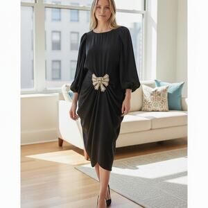 Vintage Pierre Cardin Bow Rhinestone Black Dress Knee Lgth Batwing Sleeves Sz 4